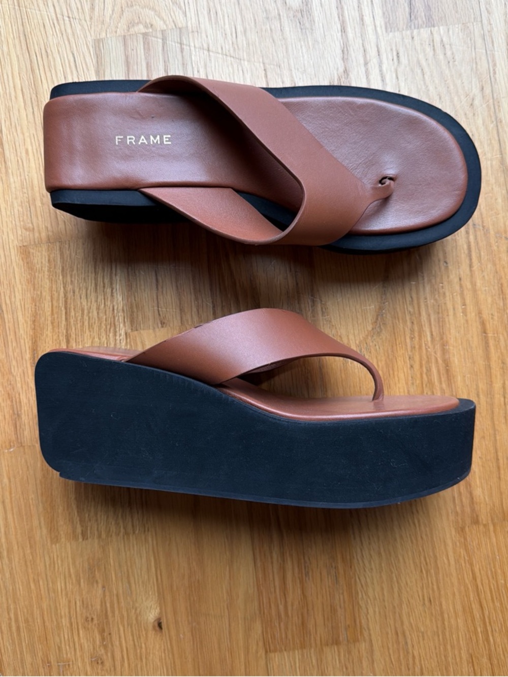 Sold on DP | Frame Denim Brown Leather Platform Wedge Thong Sandals